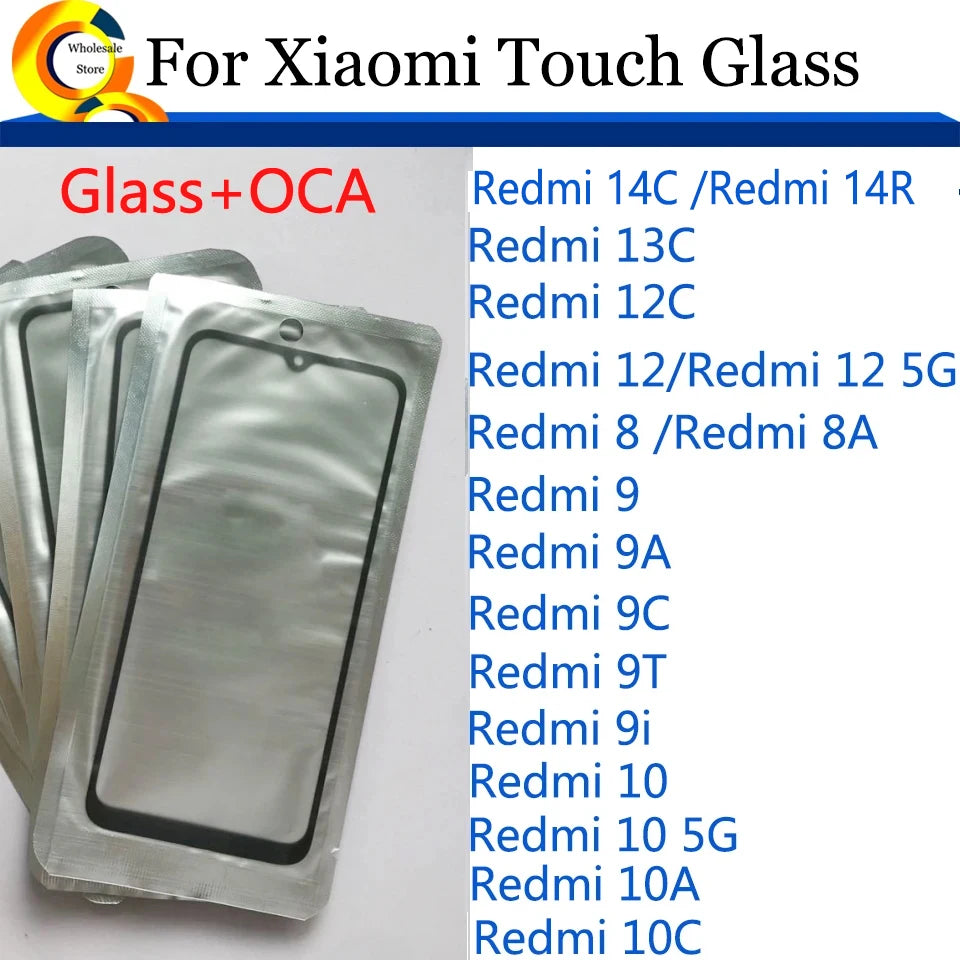 10Pcs/Lot For Xiaomi Redmi 14C 14R 13C 12C 10 10C 9 9A 9C 9i 8A 8 12 5G Touch Screen Panel Front Outer Glass Lens With OCA