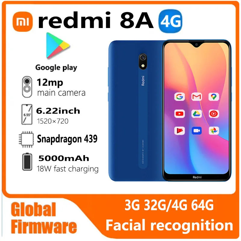 Xiaomi Redmi 8A smartphone 4G 64G Global firmware 5000mAh 6.22inch Snapdragon 439 12MP 18W Facial recognition