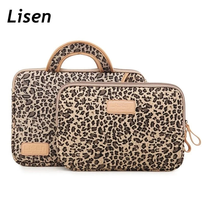 Brand Lisen Laptop Bag 13.3,14,15.6,16 Inch, Leopard Canvas Sleeve Case For MacBook Air Pro, Man Lady Women Handbag Notebook PC