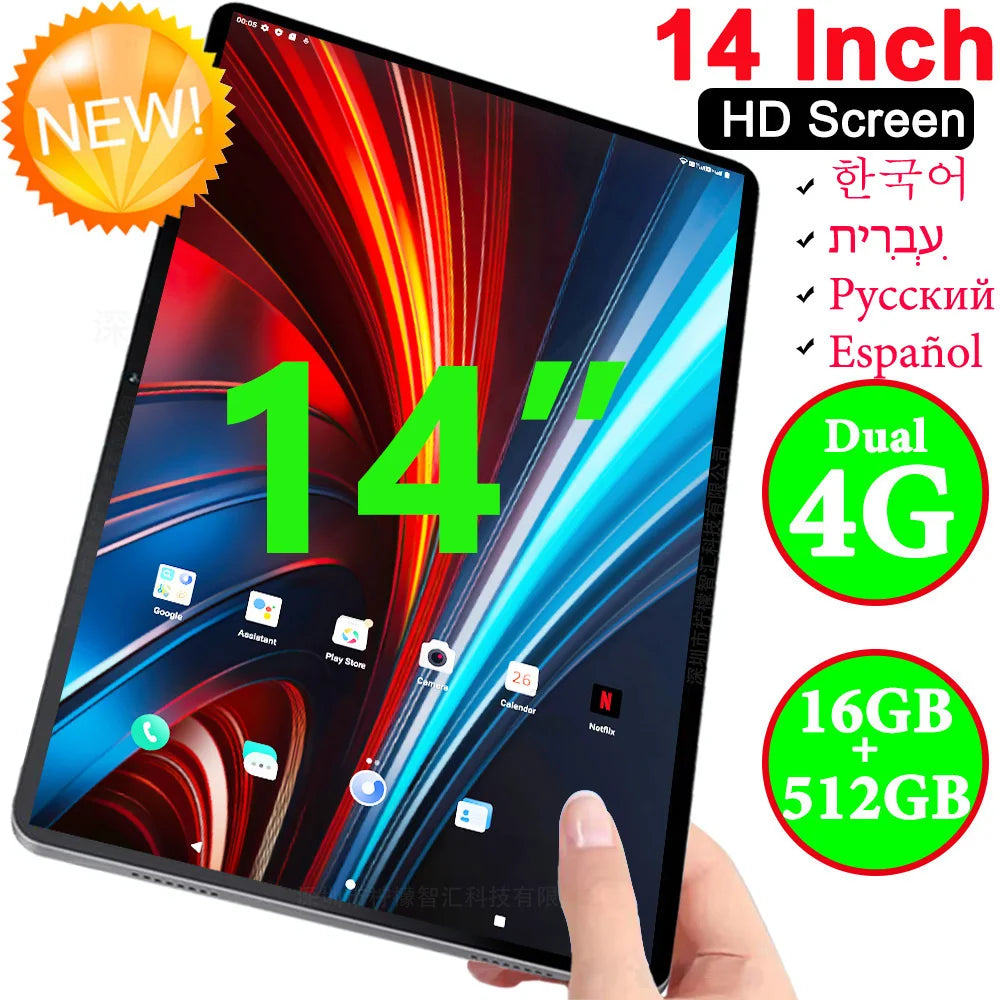 Global Version 14 Inch Tablet PC Big Screen 1920x1200 IPS 16+512GB Tablet 14" Android 14 4G LTE Game Study PAD 12000mAH Battery